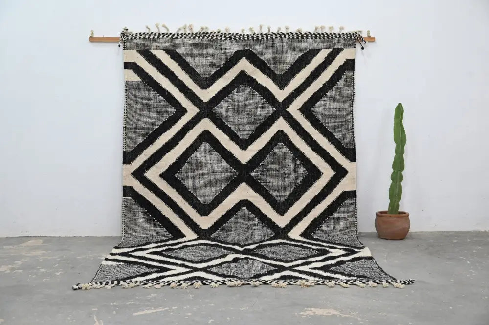 DecorBites handmade traditional azilal rug with black white and gray geometric pattern and fringe 326x203 cm