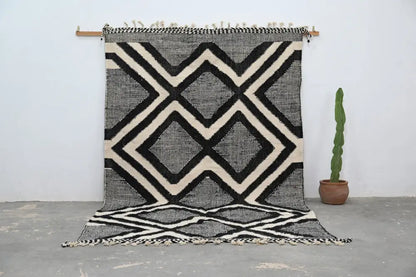 DecorBites handmade traditional azilal rug with black white and gray geometric pattern and fringe 326x203 cm