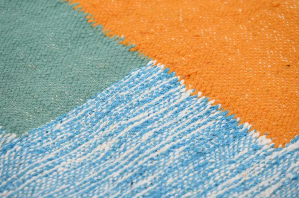 Decorbites™ handmade traditional azilal rug 300x200cm with textured geometric pattern in teal orange and blue-white stripes