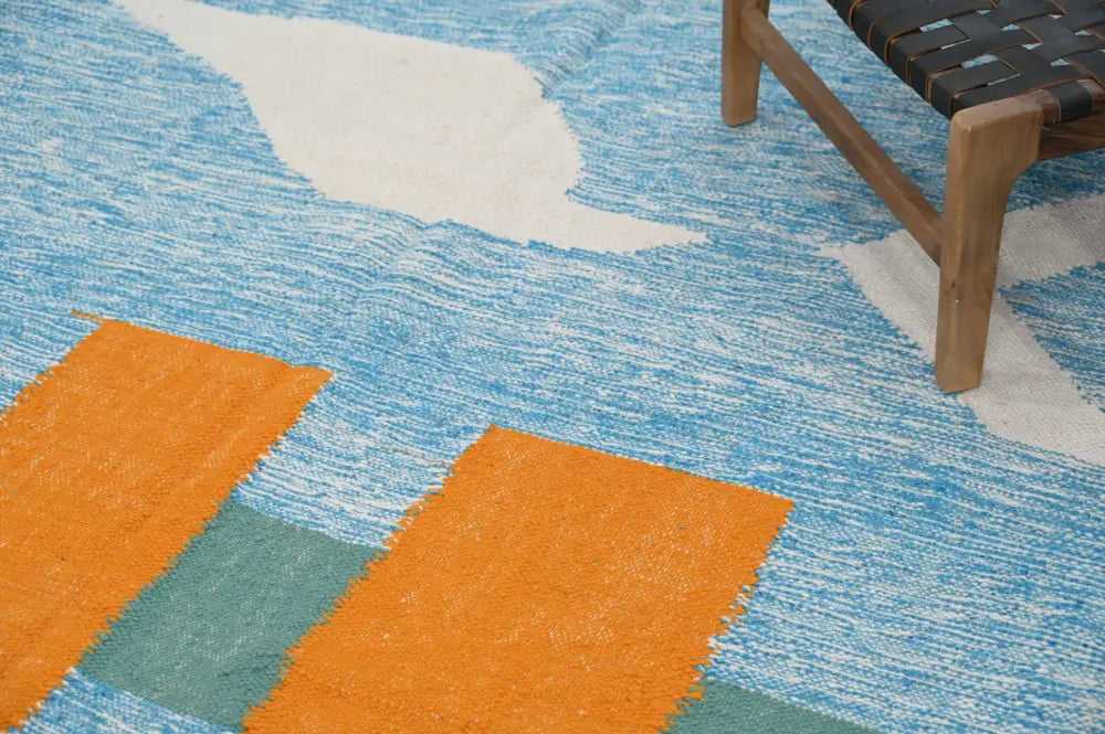 DecorBites™ handmade traditional azilal rug 300x200cm with blue white and orange geometric textured weave pattern