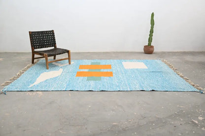 Decorbites™ handmade traditional azilal rug 300x200cm in light blue with geometric patterns and fringed edges