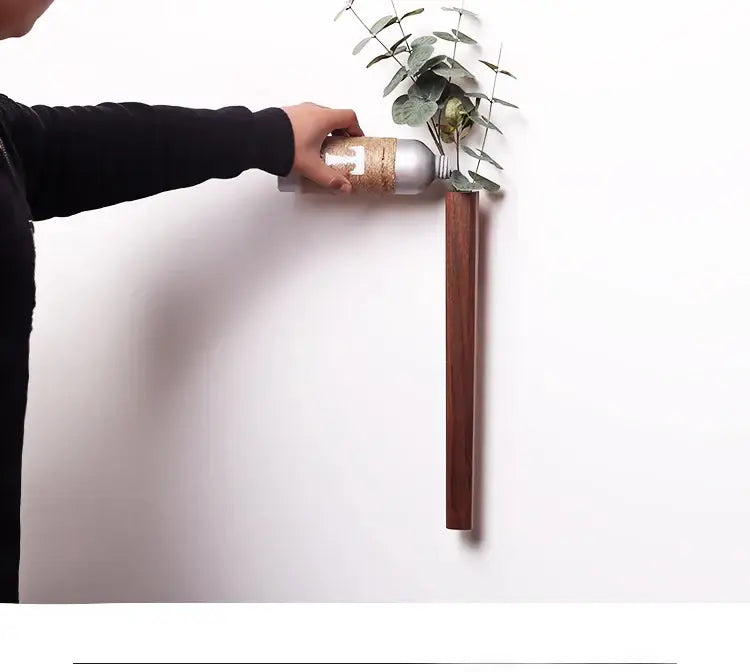 DecorBites™ handmade nordic wall vase in solid wood with dark brown finish and silver metallic top wrapped in jute twine