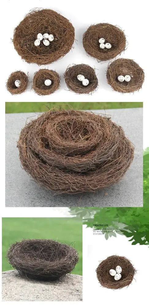 Brown intricately woven rattan bird nest with small white eggs inside decorbites™ handmade round rattan bird nest decoration
