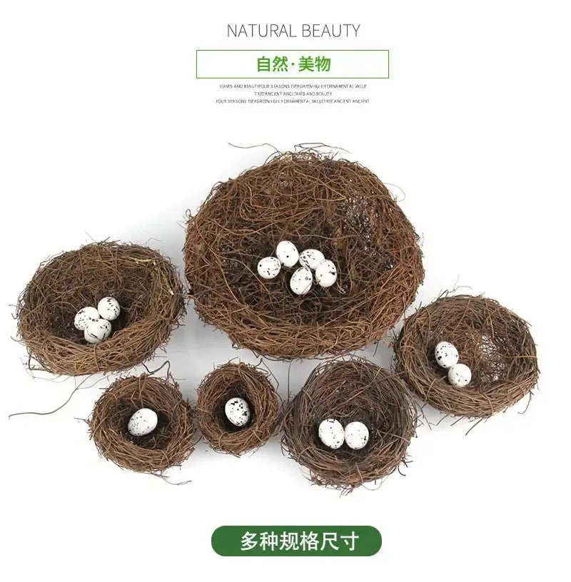 Brown intricately woven rattan bird nests of varying sizes each containing white speckled eggs by decorbites™