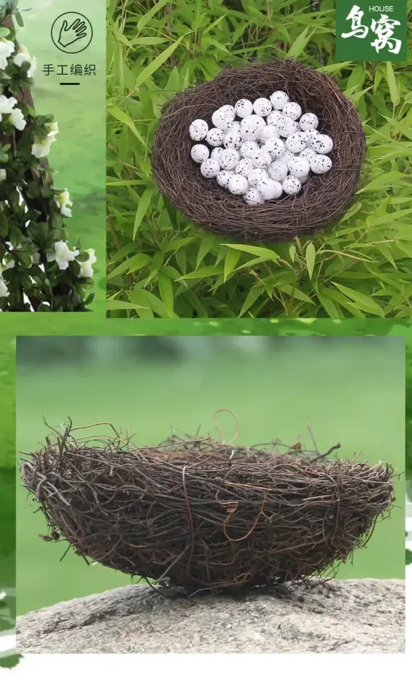 Handwoven brown rattan bird nest filled with white speckled eggs decorbites handmade round rattan bird nest decoration