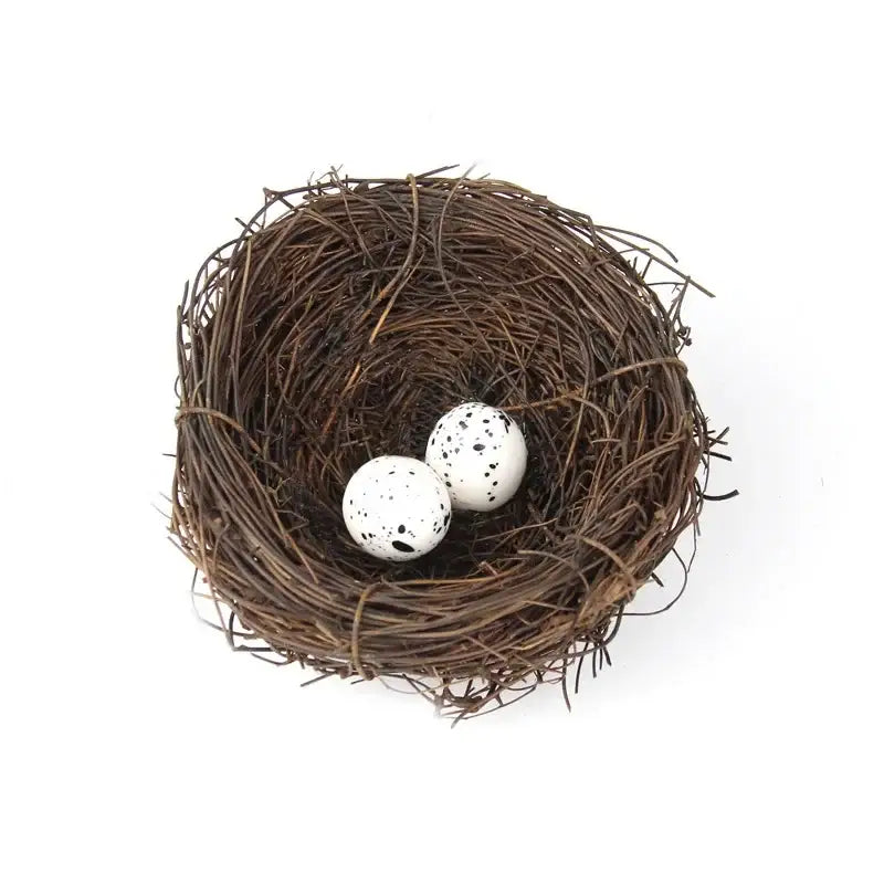 DecorBites handmade round rattan bird nest decoration with rustic brown woven rattan and two white speckled eggs
