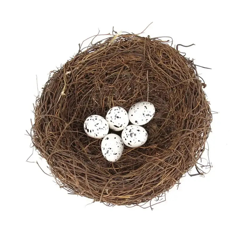 DecorBites handmade round rattan bird nest decoration with rustic brown woven rattan and five white speckled eggs