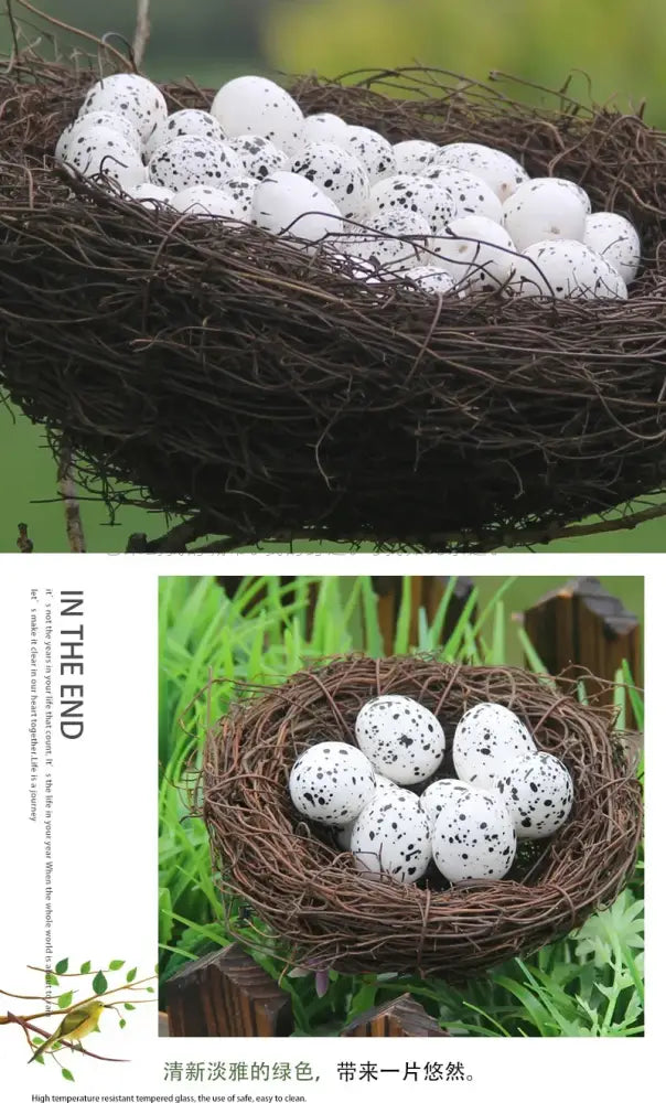 Rustic brown handmade rattan bird nest decoration cradling white speckled eggs by decorbites