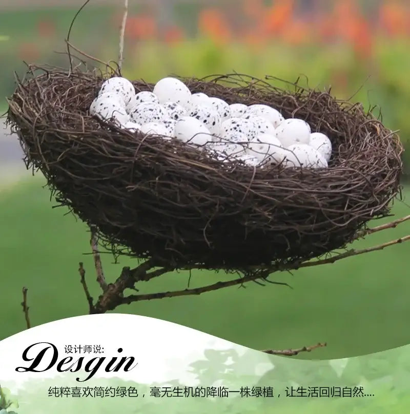 Decorbites handmade round rattan bird nest decoration with rustic brown woven design and white speckled eggs
