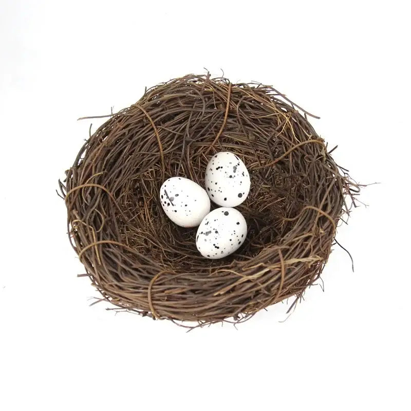 DecorBites™ handmade round rattan bird nest decoration with rustic brown woven rattan and three white speckled eggs