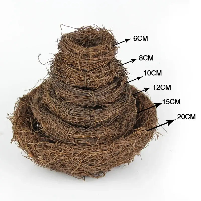 Decorbites™ handmade round rattan bird nest decoration with natural brown tiers measuring 6cm to 20cm diameter