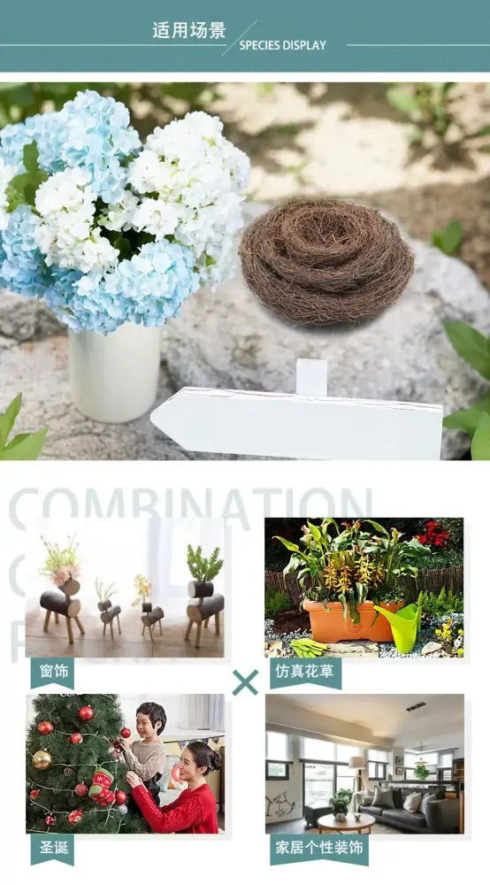 White ceramic vase with light blue and white hydrangeas next to a handcrafted rattan bird nest decoration by decorbites