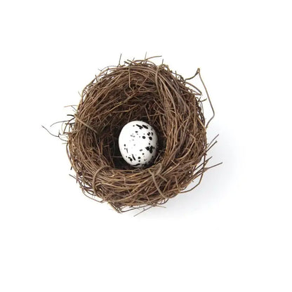 Decorbites™ handmade round rattan bird nest decoration with a white egg with black speckles in a brown woven rattan bird nest