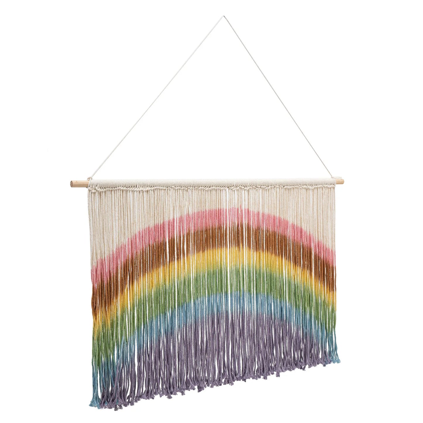 DecorBites handmade weaving wall hanging features colorful rainbow macrame yarn strands with wood stick 109 by 70 cm rectangular