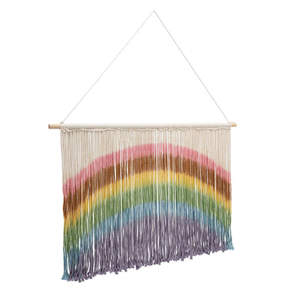 DecorBites handmade weaving wall hanging features colorful rainbow macrame yarn strands with wood stick 109 by 70 cm rectangular