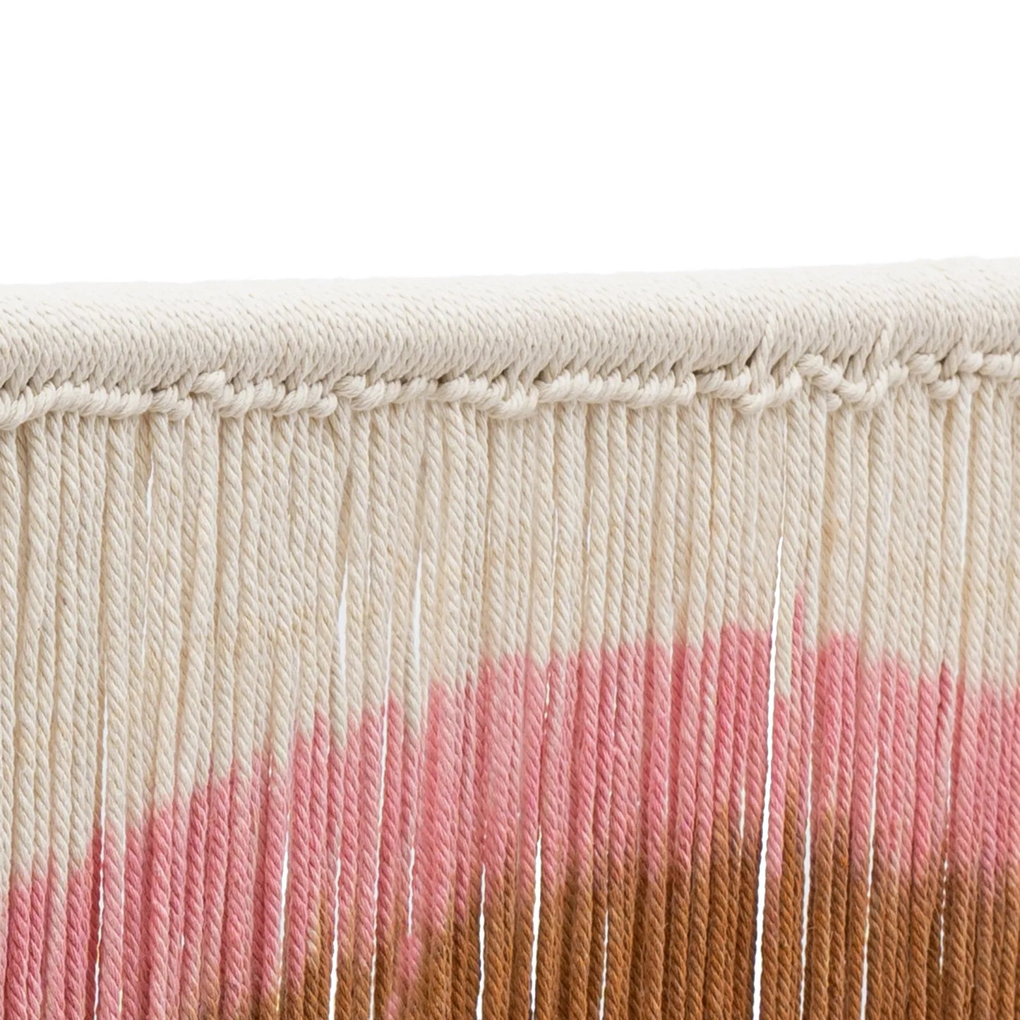 Cream-colored handmade weaving macrame wall hanging with pink and brown yarn gradient for colorful wall decor