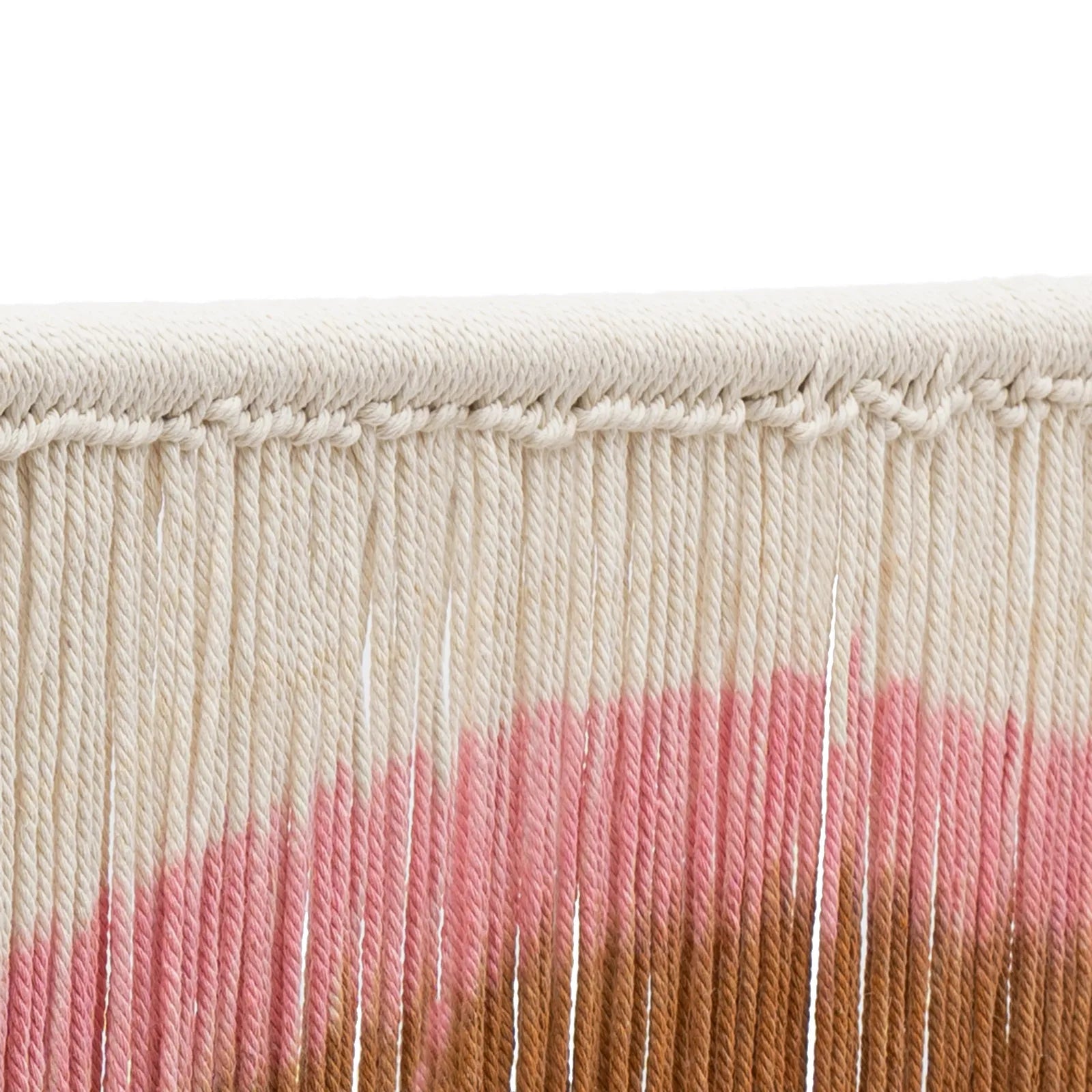 Cream-colored handmade weaving macrame wall hanging with pink and brown yarn gradient for colorful wall decor
