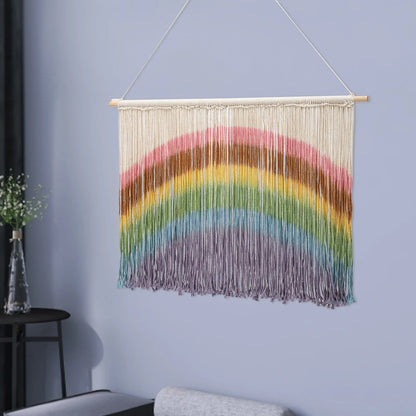 Colorful rainbow macrame wall hanging handmade weaving with wooden dowel and cream fringe for wall decor