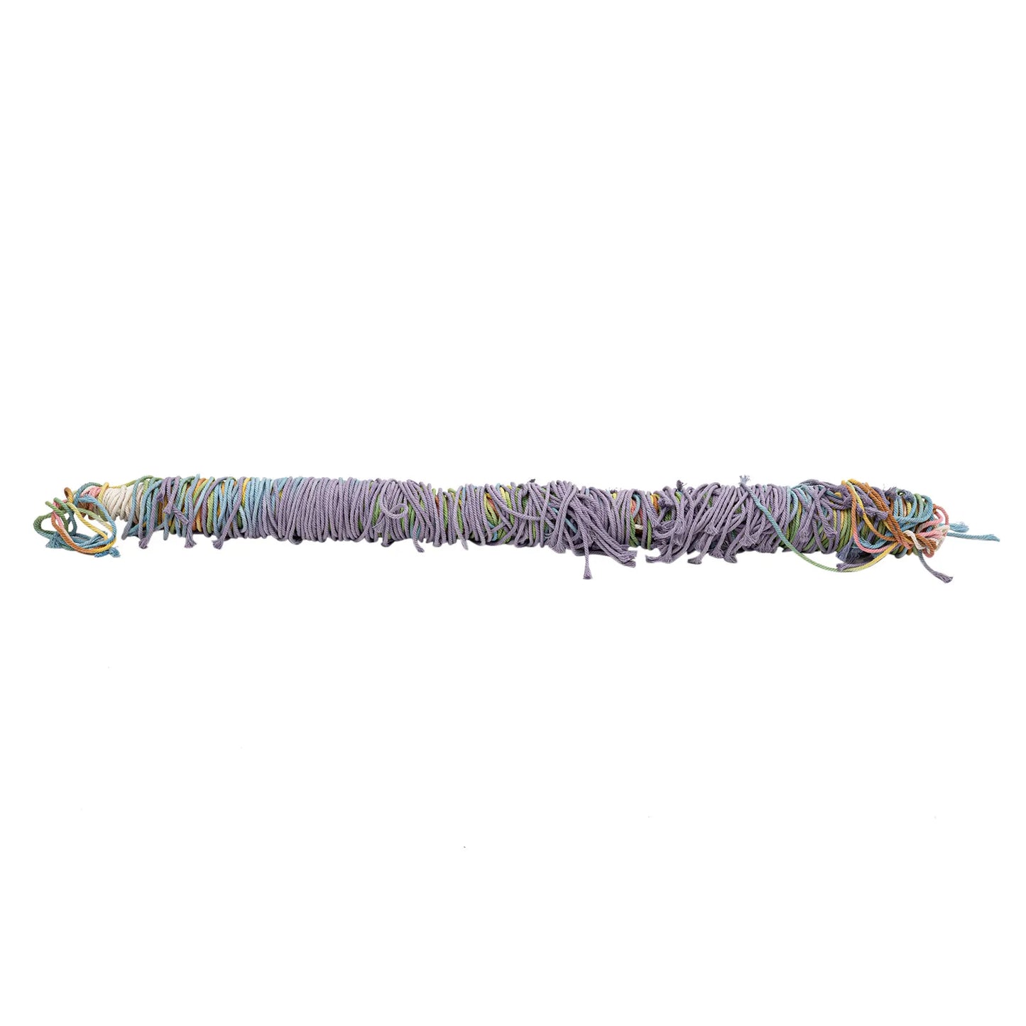 A bundle of multicolored cords in purple blue green and beige for handmade weaving macrame wall hanging decor