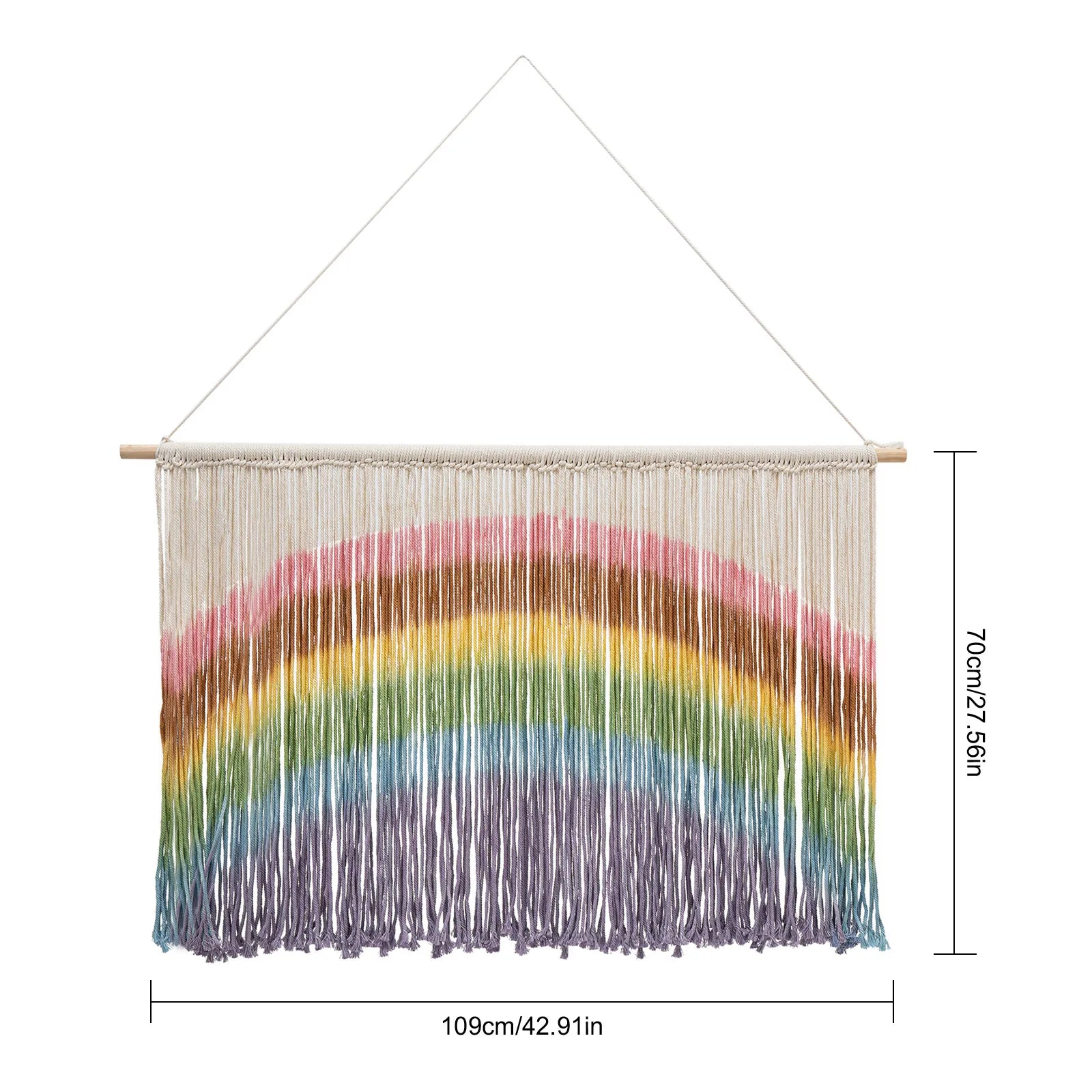 Decorbites handmade weaving wall hanging colorful rainbow-patterned macrame wall hanging with wooden dowel and white hanger
