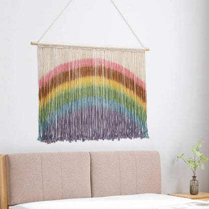 Colorful rainbow handmade weaving macrame wall hanging with wooden dowel and natural fringe for wall decor