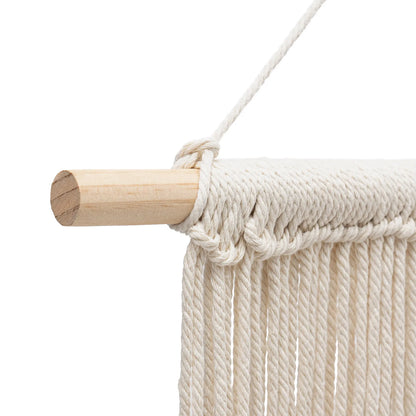 Cream-colored handmade weaving macrame wall hanging with light wood dowel for decorative wall mount use