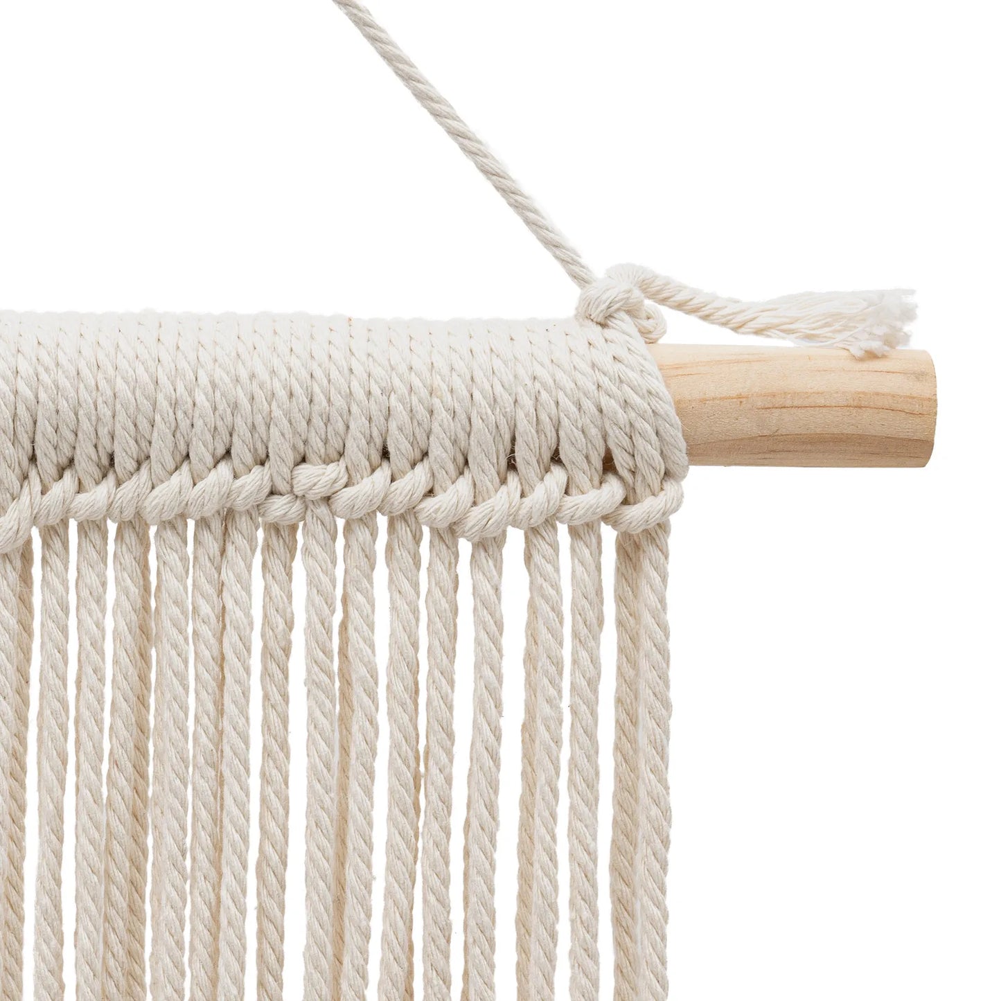Cream-colored handmade weaving macrame wall hanging with wooden dowel and braided rope for decorative use