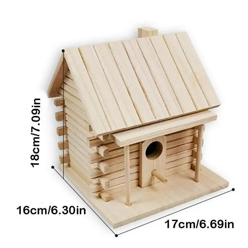 DecorBites™ handmade wooden nest box in light natural wood with a rustic log cabin design and slanted roof for outdoor use