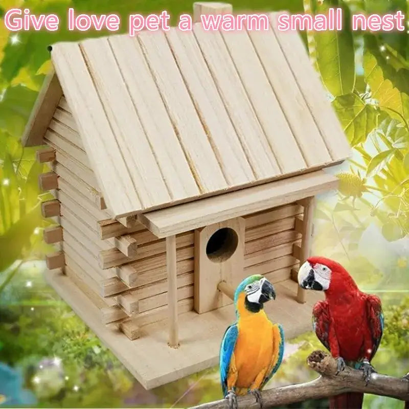 Decorbites handmade wooden nest box with rustic log-style siding and circular entrance for outdoor bird nest decor