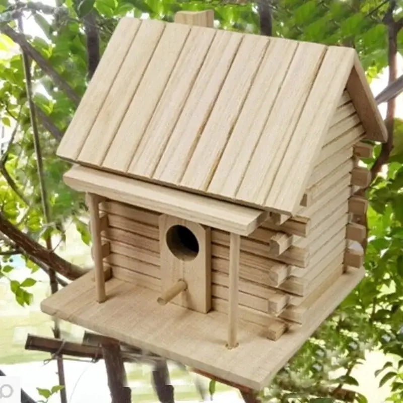 DecorBites handmade wooden nest box with log cabin siding and circular entrance for outdoor bird nest decor