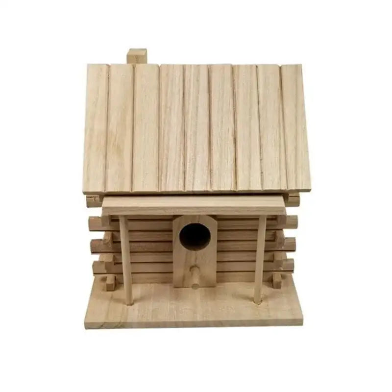 DecorBites™ handmade wooden nest box in natural light brown with a log cabin design for outdoor bird nest decor