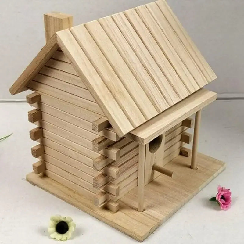 DecorBites handmade wooden nest box with natural light wood planks and log cabin-style siding for outdoor bird nest decor