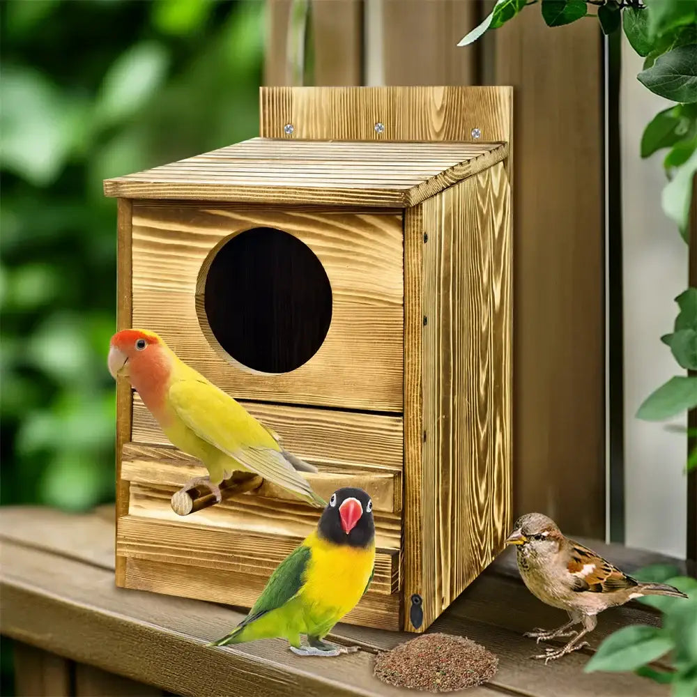 DecorBites™ handmade natural-toned wooden screech owl house with circular entrance and slatted roof for outdoor use