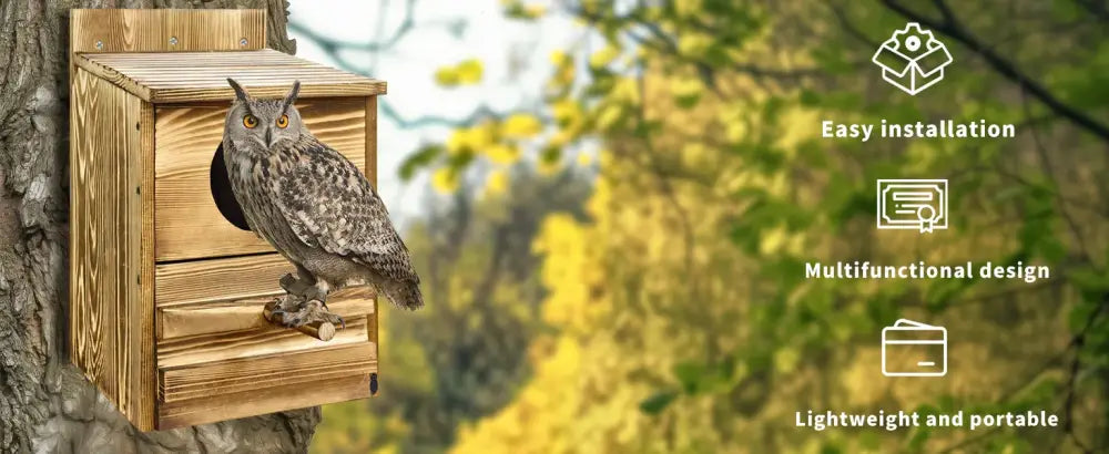 Decorbites™ handmade wooden screech owl house with natural finish and circular entrance perched on tree branch