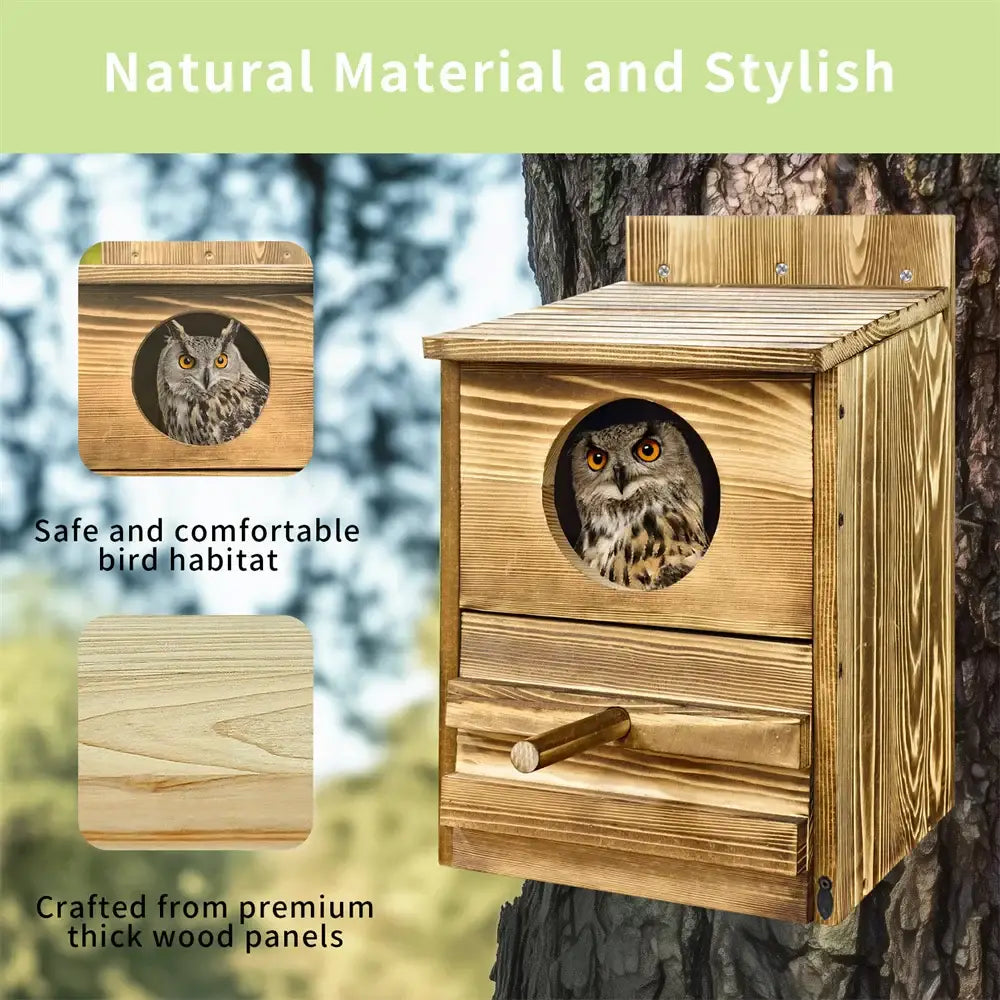 Sturdy light-brown wooden decorbites™ handmade screech owl house with circular entrance and food drawer outdoor nesting box