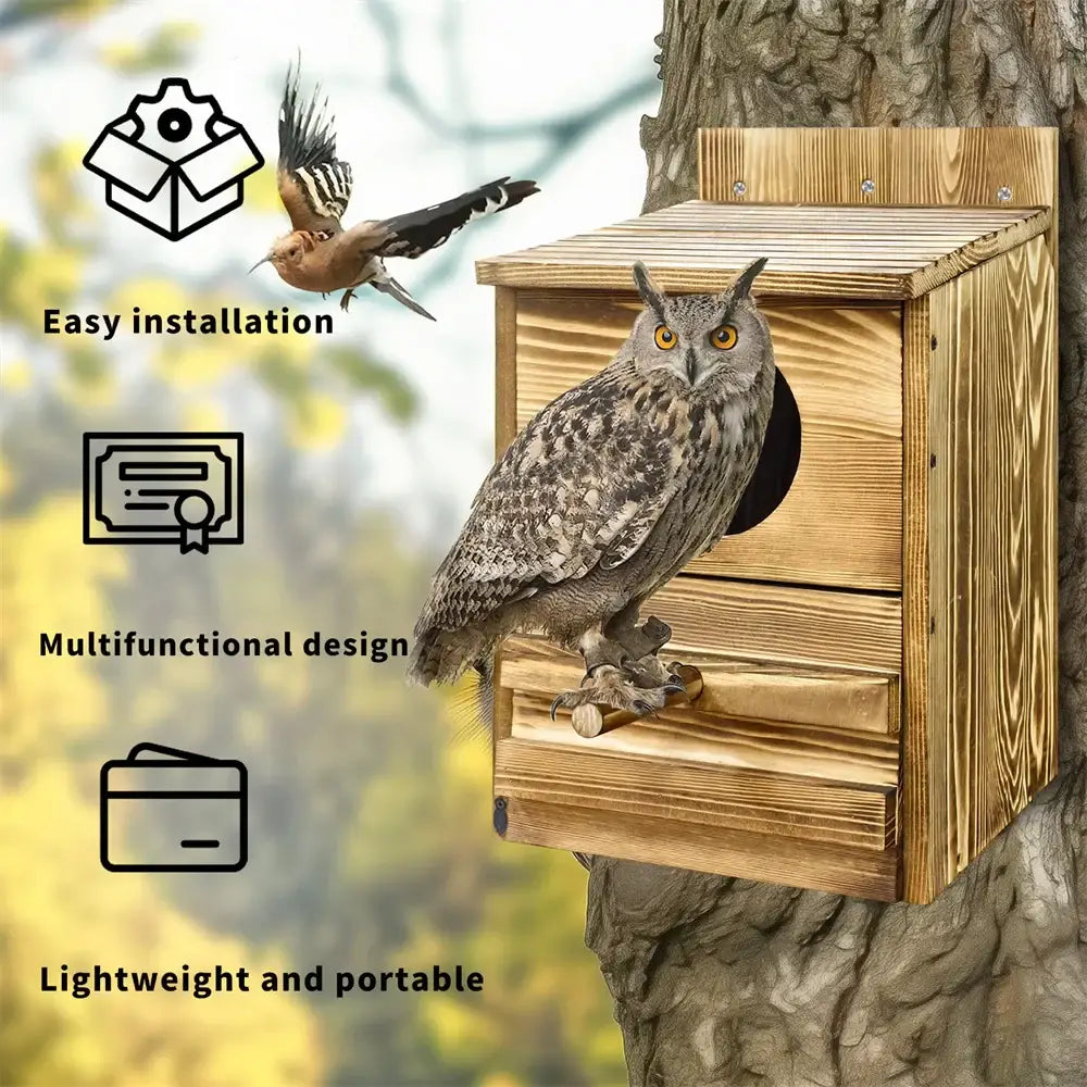 DecorBites™ handmade rustic wooden screech owl house with natural wood grain finish and circular entrance hole