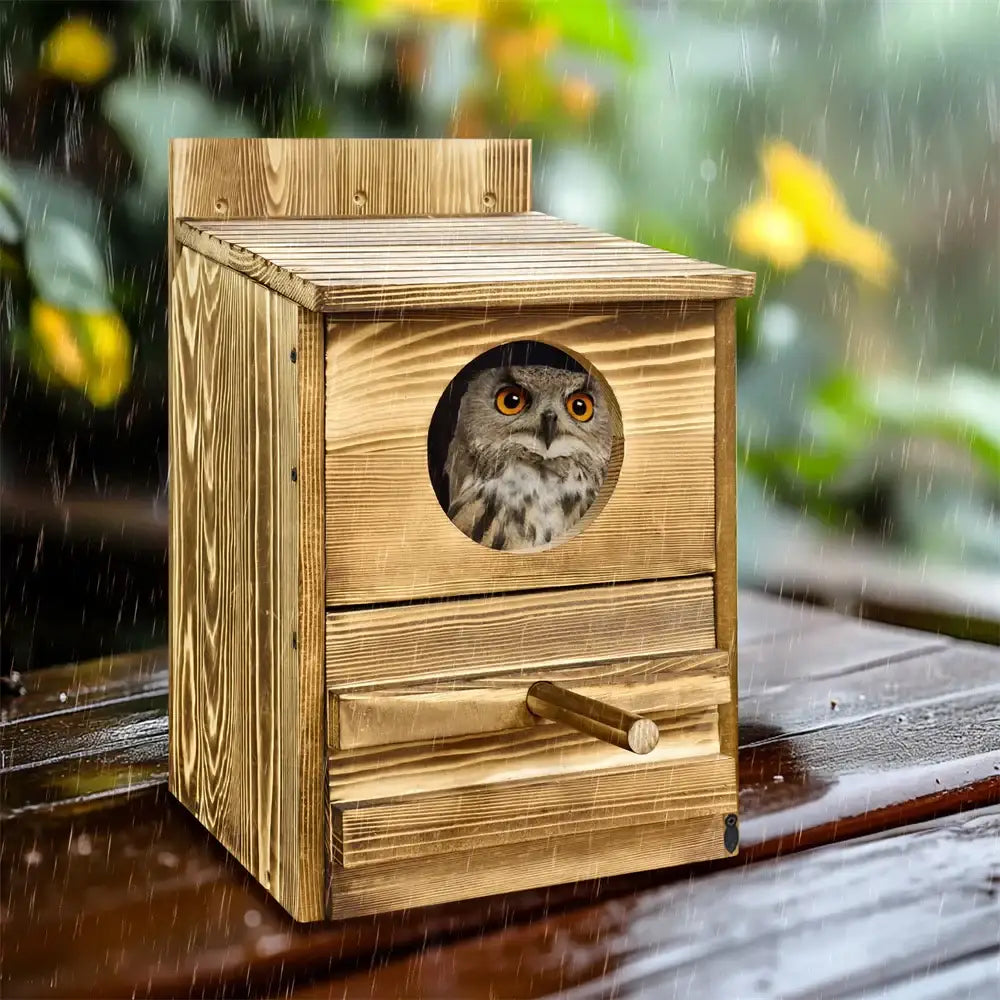 A rustic handmade wooden screech owl house with a circular entrance and small drawer for outdoor nesting use