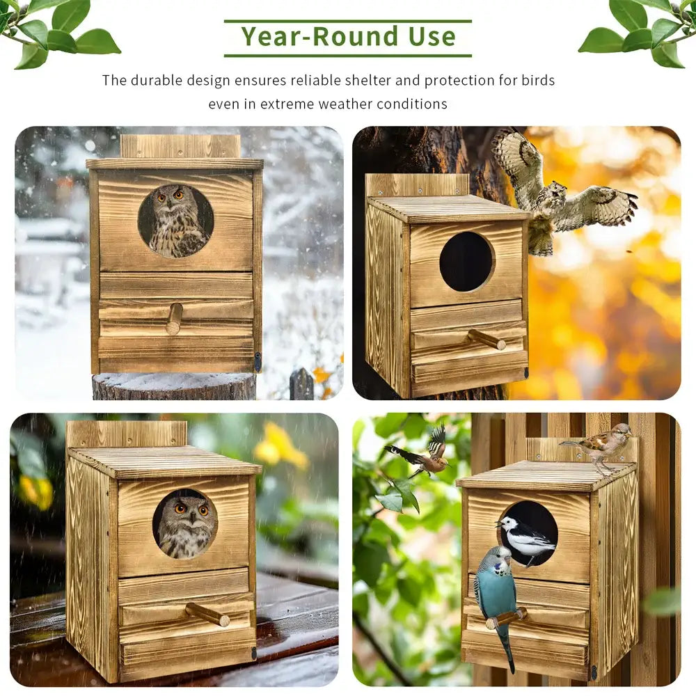 Weathered handmade wooden screech owl house with circular entrance and perch for outdoor nesting by DecorBites