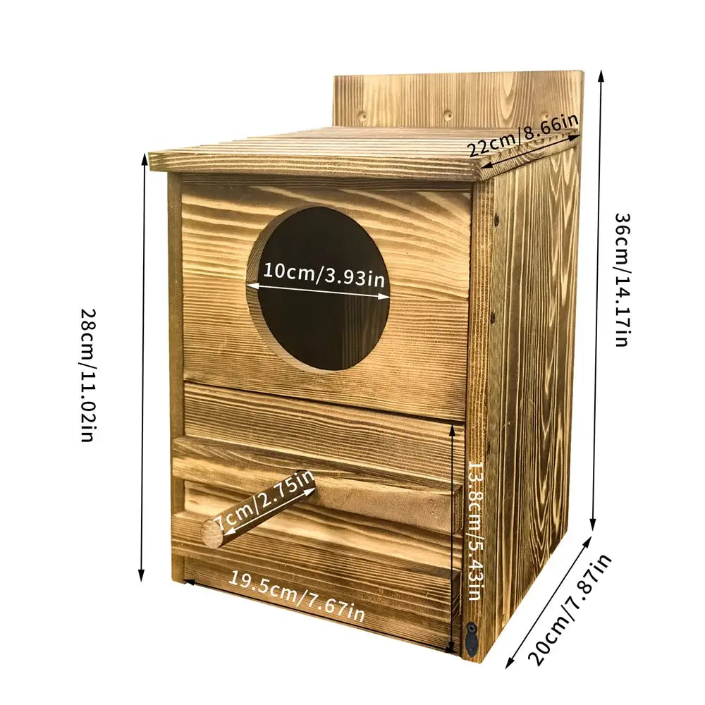 DecorBites™ handmade rustic wooden screech owl house with circular entrance and small drawer for outdoor use