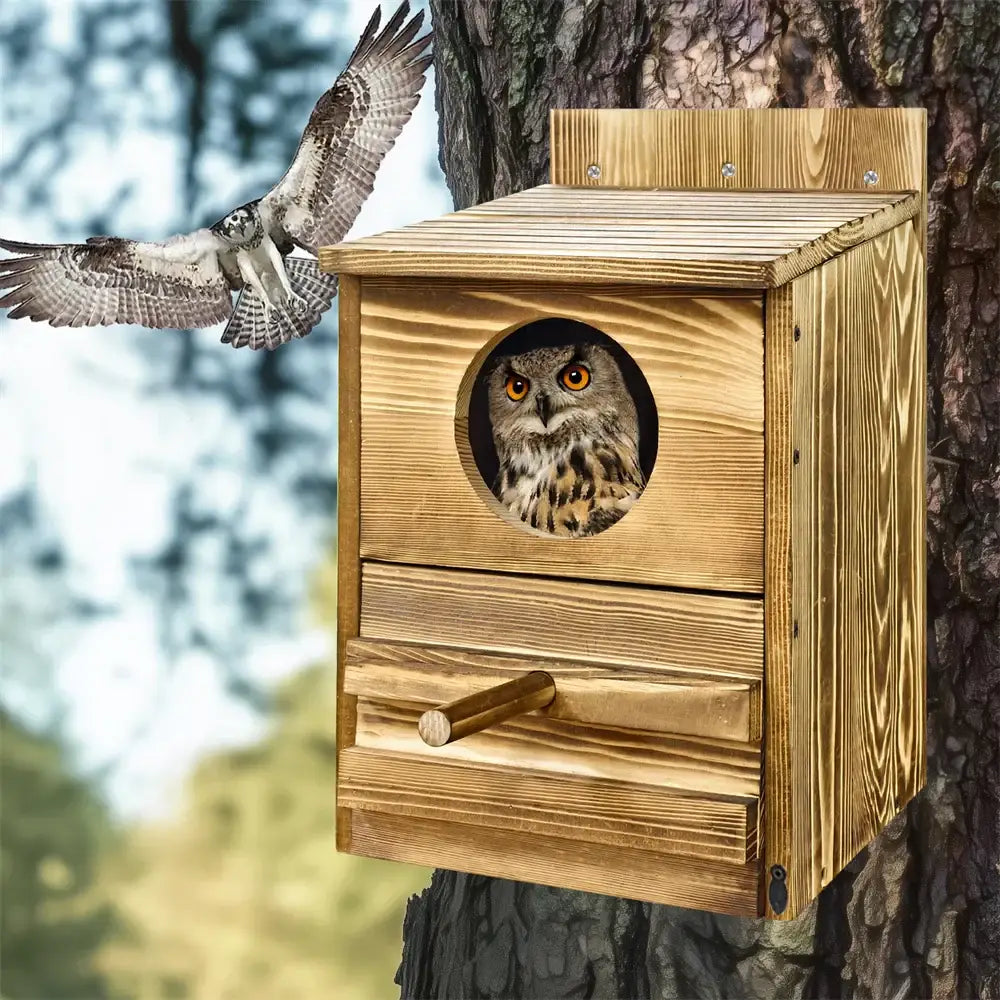 A rustic handmade wooden screech owl house with circular entrance and small drawer by decorbites for outdoor use