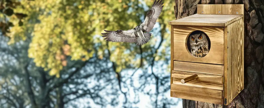 DecorBites™ handmade rustic wooden screech owl house with circular entrance and drawer mounted on tree trunk