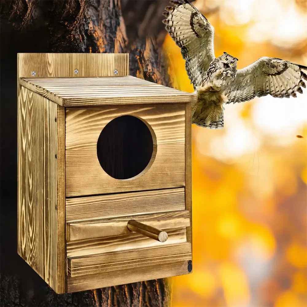 Natural wood DecorBites™ handmade screech owl house with circular entrance and small perch for outdoor nesting