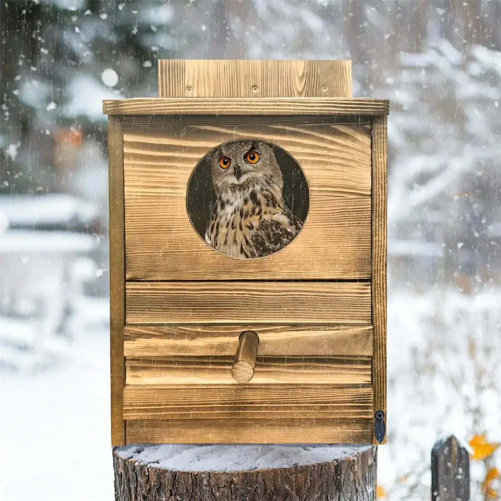 Decorbites™ handmade wooden screech owl house with circular window shows owl inside rustic wood grain and metal latch