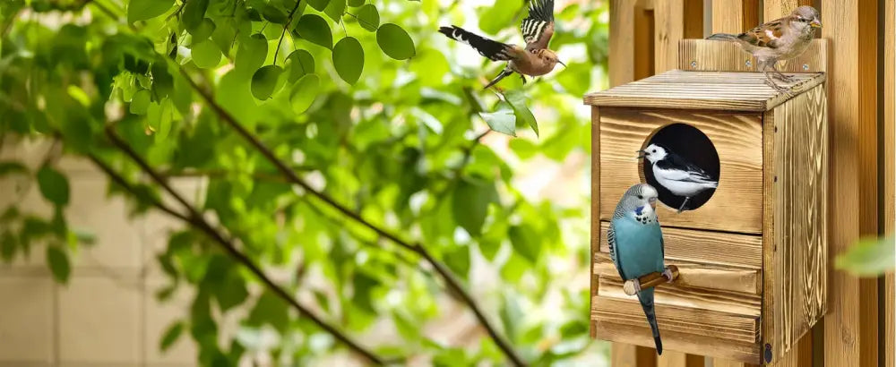 DecorBites™ handmade wooden screech owl house with circular entrance and birds perched outside for outdoor nesting