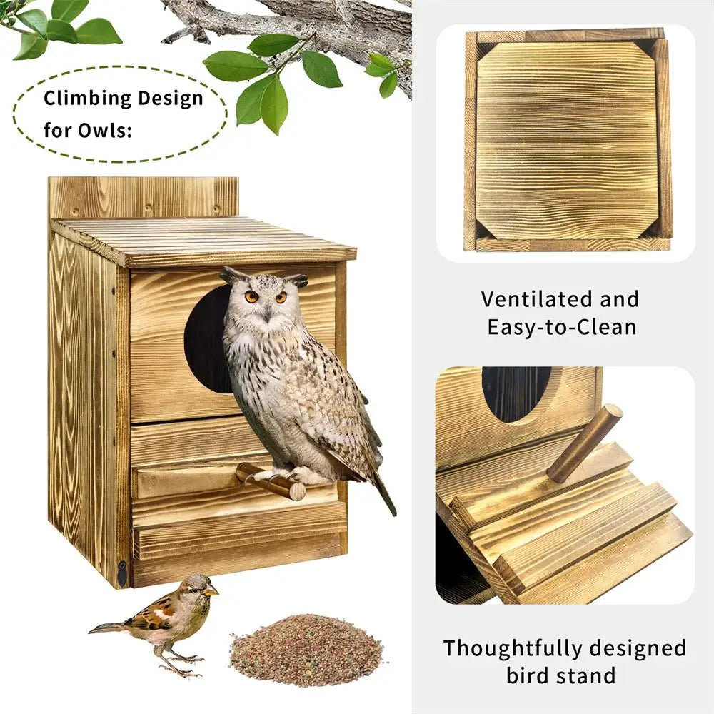 DecorBites™ handmade wooden screech owl house with circular entrance ventilated panels and attached perch for owls