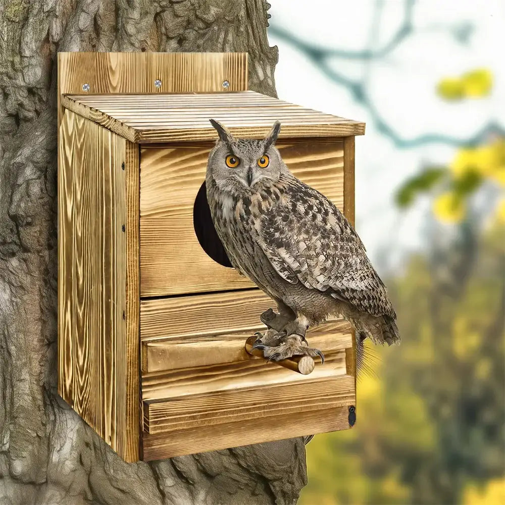 Decorbites handmade wooden screech owl house with natural wood grain and circular entrance hole mounted on tree trunk