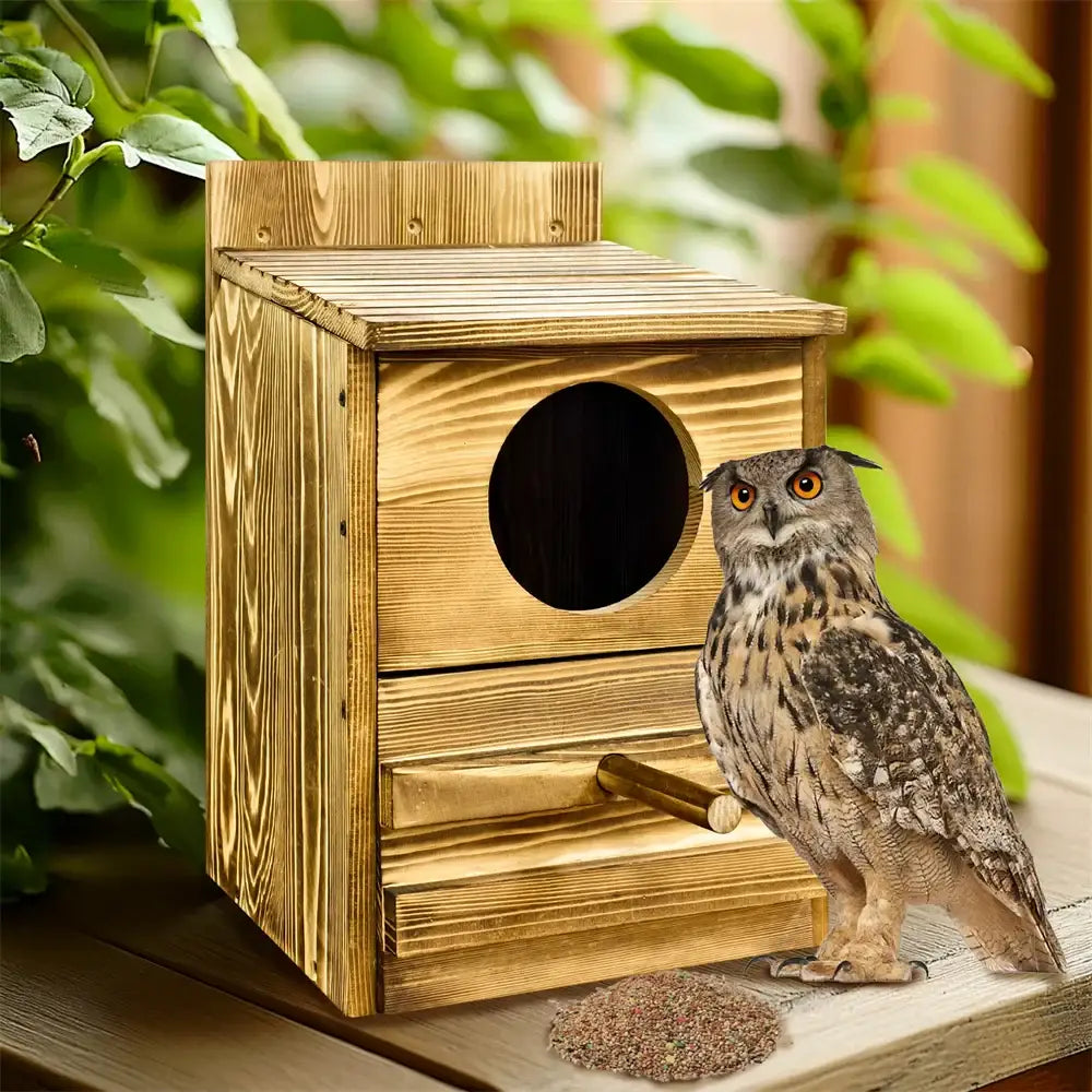 Rustic decorbites™ handmade wooden screech owl house with circular entrance and perch in light brown wood tones
