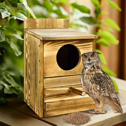 Rustic decorbites™ handmade wooden screech owl house with circular entrance and perch in light brown wood tones