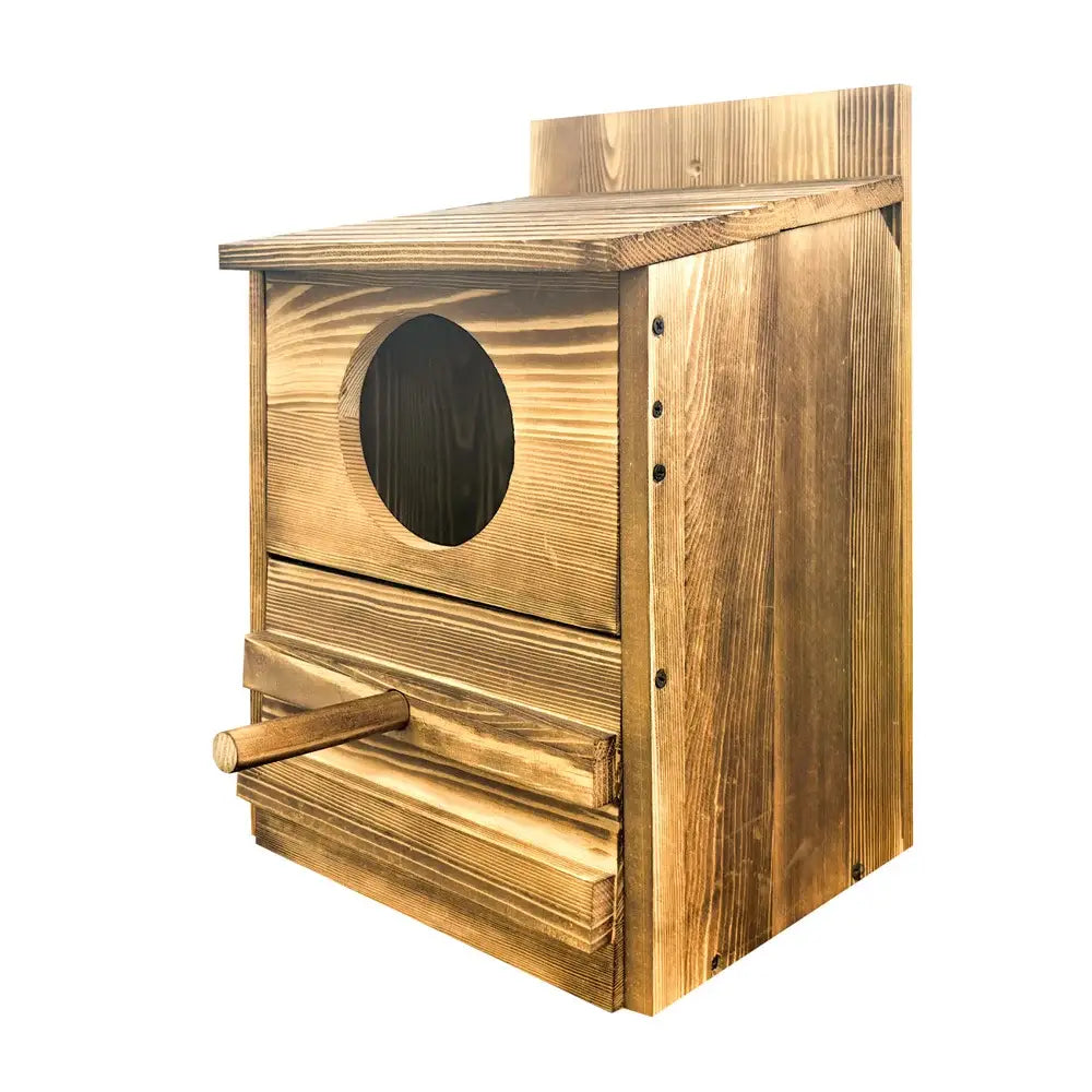 DecorBites™ handmade wooden screech owl house with circular entrance and perch crafted from natural wood planks