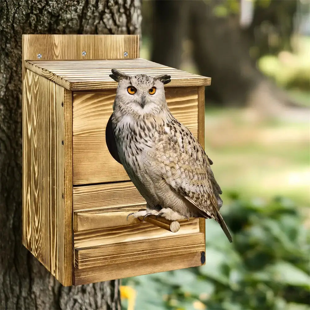A gray and white screech owl with orange eyes perched on a handmade wooden owl house mounted on a tree trunk